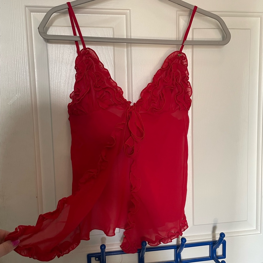 vintage lingerie red sheer top 
ties in the front